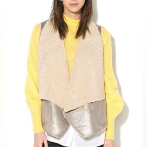 French Connection Silver and Tan Sherpa Lined Arleen Shearling Vest